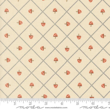 Image of Natures Sketchbook Mushroom and Grid Pearl quilting cotton fabric by Elena Amo for Moda Fabrics. Features mushrooms on a cream background. Cute Little Fabric Shop.