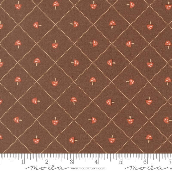 Image of Natures Sketchbook Mushroom and Grid Bark quilting cotton fabric by Elena Amo for Moda Fabrics. Features mushrooms on a brown background. Cute Little Fabric Shop.
