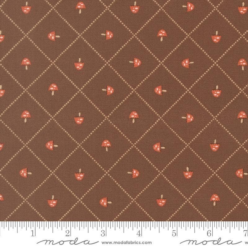 Image of Natures Sketchbook Mushroom and Grid Bark quilting cotton fabric by Elena Amo for Moda Fabrics. Features mushrooms on a brown background. Cute Little Fabric Shop.
