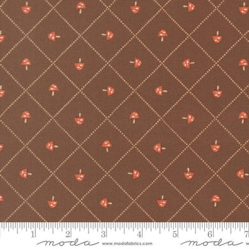 Image of Natures Sketchbook Mushroom and Grid Bark quilting cotton fabric by Elena Amo for Moda Fabrics. Features mushrooms on a brown background. Cute Little Fabric Shop.