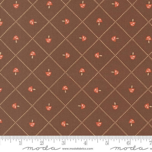 Image of Natures Sketchbook Mushroom and Grid Bark quilting cotton fabric by Elena Amo for Moda Fabrics. Features mushrooms on a brown background. Cute Little Fabric Shop.