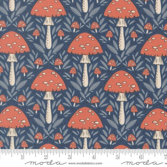 Image of Natures Sketchbook Mushroom Twilight quilting cotton fabric by Elena Amo for Moda Fabrics. Features mushrooms on a blue background. Cute Little Fabric Shop.