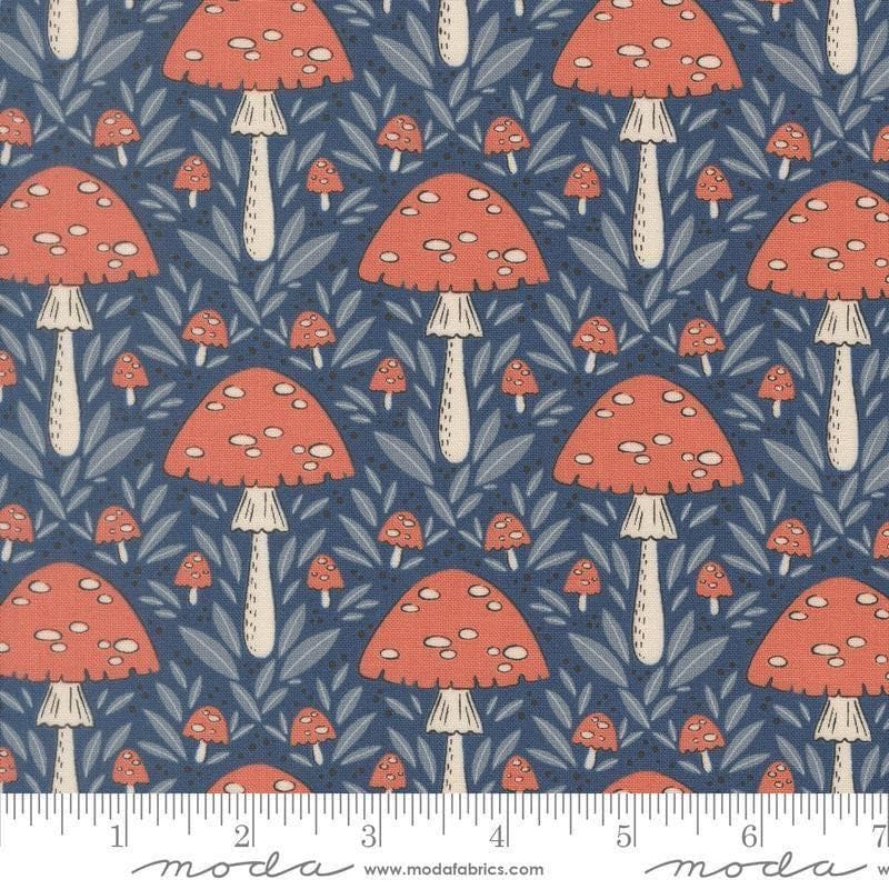 Image of Natures Sketchbook Mushroom Twilight quilting cotton fabric by Elena Amo for Moda Fabrics. Features mushrooms on a blue background. Cute Little Fabric Shop.