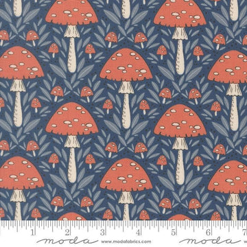 Image of Natures Sketchbook Mushroom Twilight quilting cotton fabric by Elena Amo for Moda Fabrics. Features mushrooms on a blue background. Cute Little Fabric Shop.