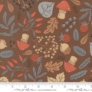 Image of Natures Sketchbook Forest Finds Bark quilting cotton fabric by Elena Amo for Moda Fabrics. Features plants on a brown background. Cute Little Fabric Shop.