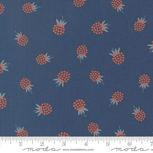 Image of Natures Sketchbook Berries Twilight quilting cotton fabric by Elena Amo for Moda Fabrics. Features berries on a blue background. Cute Little Fabric Shop.