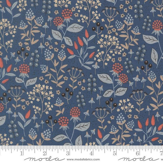 Image of Natures Sketchbook Leaves and Berries Twilight quilting cotton fabric by Elena Amo for Moda Fabrics. Features leaves and berries on a blue background. Cute Little Fabric Shop.