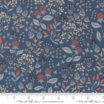 Image of Natures Sketchbook Leaves and Berries Twilight quilting cotton fabric by Elena Amo for Moda Fabrics. Features leaves and berries on a blue background. Cute Little Fabric Shop.