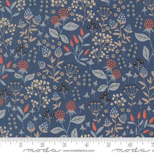 Image of Natures Sketchbook Leaves and Berries Twilight quilting cotton fabric by Elena Amo for Moda Fabrics. Features leaves and berries on a blue background. Cute Little Fabric Shop.
