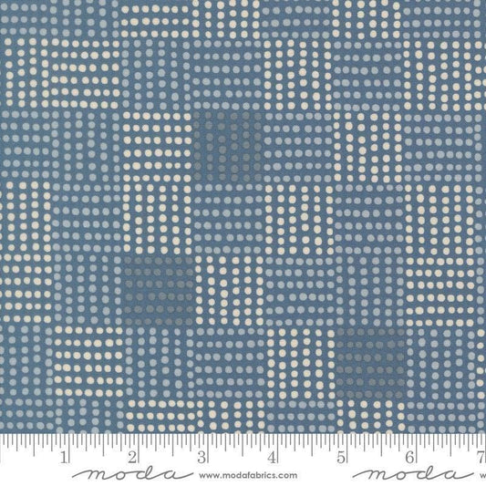 Image of Natures Sketchbook Dots Dusk quilting cotton fabric by Elena Amo for Moda Fabrics. Features polka dots on a blue background. Cute Little Fabric Shop.