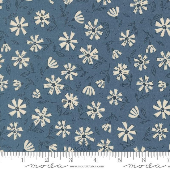 Image of Natures Sketchbook Flowers Dusk quilting cotton fabric by Elena Amo for Moda Fabrics. Features flowers on a blue background. Cute Little Fabric Shop.