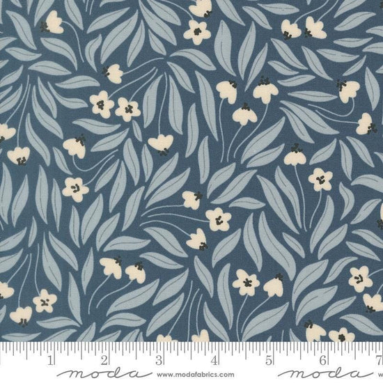 Image of Natures Sketchbook Flowy Flowers Dusk quilting cotton fabric by Elena Amo for Moda Fabrics. Features flowers on a blue background. Cute Little Fabric Shop.