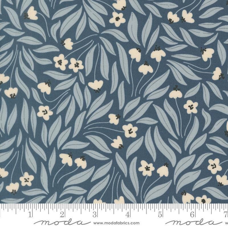 Image of Natures Sketchbook Flowy Flowers Dusk quilting cotton fabric by Elena Amo for Moda Fabrics. Features flowers on a blue background. Cute Little Fabric Shop.