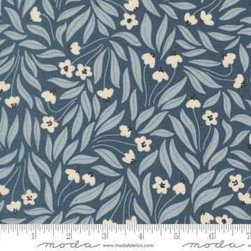 Image of Natures Sketchbook Flowy Flowers Dusk quilting cotton fabric by Elena Amo for Moda Fabrics. Features flowers on a blue background. Cute Little Fabric Shop.