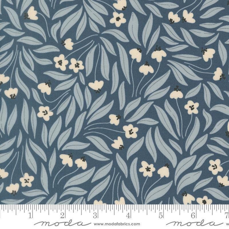 Image of Natures Sketchbook Flowy Flowers Dusk quilting cotton fabric by Elena Amo for Moda Fabrics. Features flowers on a blue background. Cute Little Fabric Shop.