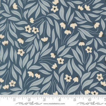 Image of Natures Sketchbook Flowy Flowers Dusk quilting cotton fabric by Elena Amo for Moda Fabrics. Features flowers on a blue background. Cute Little Fabric Shop.