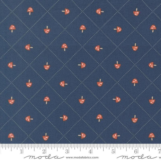 Image of Natures Sketchbook Mushroom and Grid Twilight quilting cotton fabric by Elena Amo for Moda Fabrics. Features mushrooms on a blue background. Cute Little Fabric Shop.