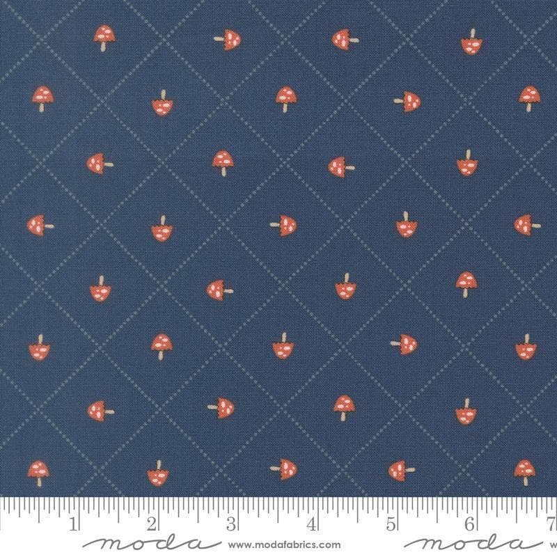 Image of Natures Sketchbook Mushroom and Grid Twilight quilting cotton fabric by Elena Amo for Moda Fabrics. Features mushrooms on a blue background. Cute Little Fabric Shop.