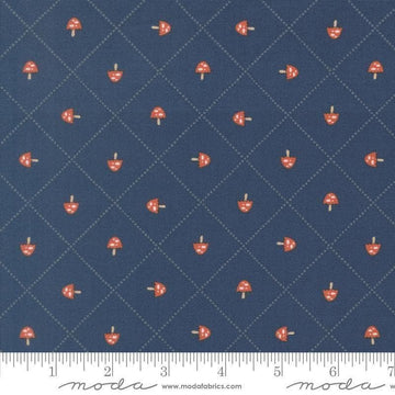 Image of Natures Sketchbook Mushroom and Grid Twilight quilting cotton fabric by Elena Amo for Moda Fabrics. Features mushrooms on a blue background. Cute Little Fabric Shop.