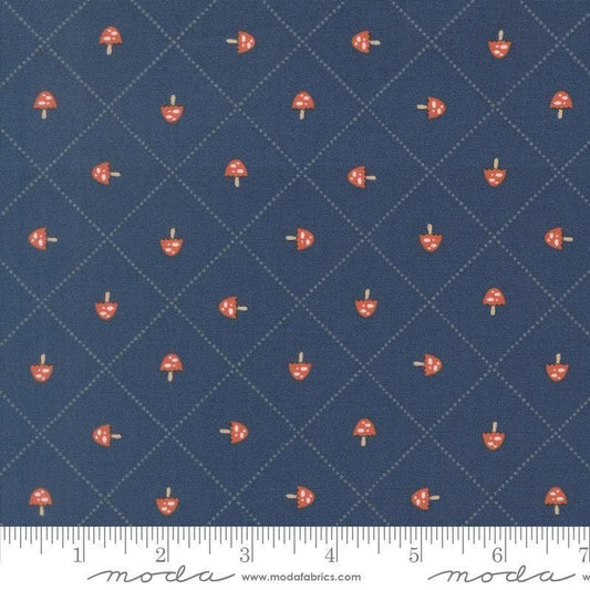 Image of Natures Sketchbook Mushroom and Grid Twilight quilting cotton fabric by Elena Amo for Moda Fabrics. Features mushrooms on a blue background. Cute Little Fabric Shop.