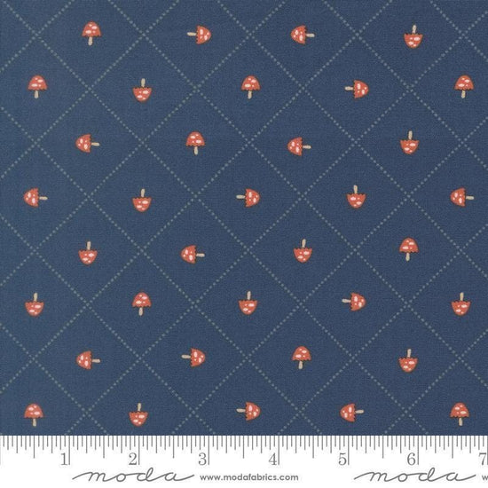 Image of Natures Sketchbook Mushroom and Grid Twilight quilting cotton fabric by Elena Amo for Moda Fabrics. Features mushrooms on a blue background. Cute Little Fabric Shop.