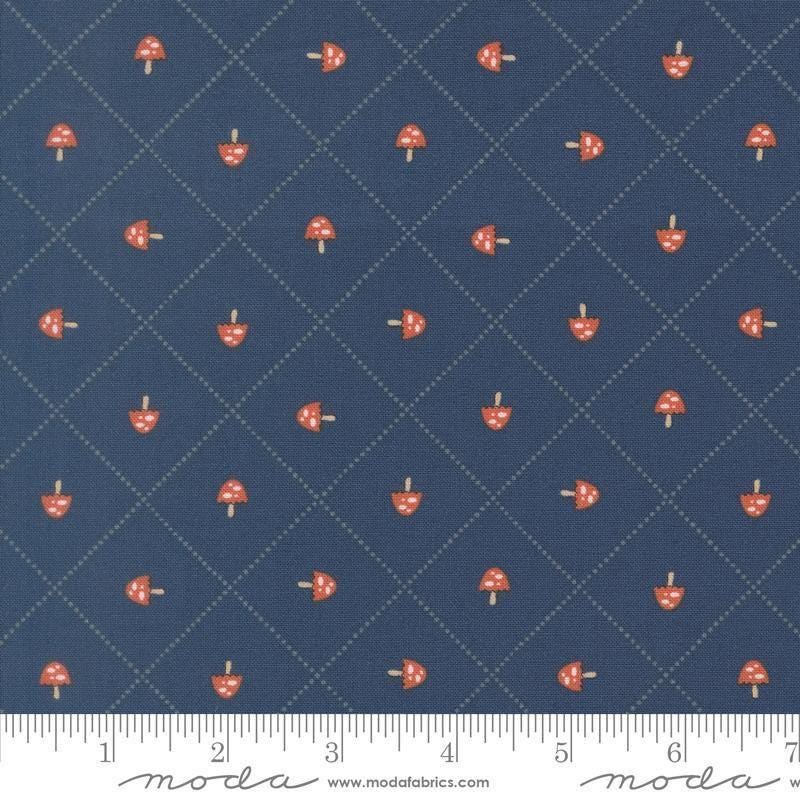 Image of Natures Sketchbook Mushroom and Grid Twilight quilting cotton fabric by Elena Amo for Moda Fabrics. Features mushrooms on a blue background. Cute Little Fabric Shop.