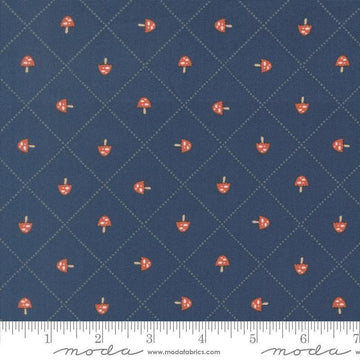 Image of Natures Sketchbook Mushroom and Grid Twilight quilting cotton fabric by Elena Amo for Moda Fabrics. Features mushrooms on a blue background. Cute Little Fabric Shop.