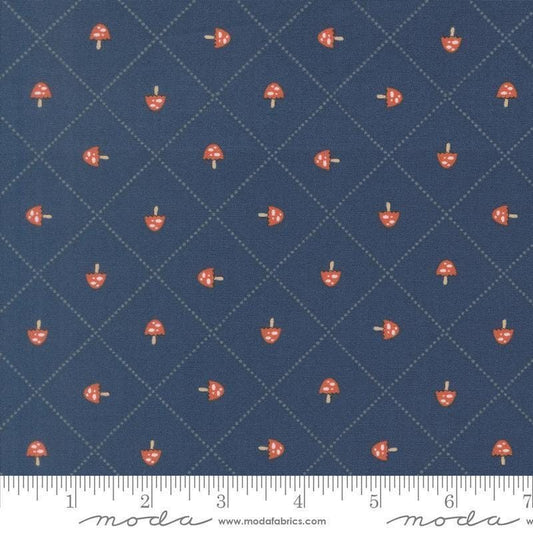 Image of Natures Sketchbook Mushroom and Grid Twilight quilting cotton fabric by Elena Amo for Moda Fabrics. Features mushrooms on a blue background. Cute Little Fabric Shop.