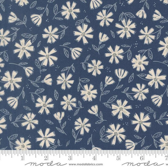 Image of Natures Sketchbook Flowers Twilight quilting cotton fabric by Elena Amo for Moda Fabrics. Features flowers on a blue background. Cute Little Fabric Shop.