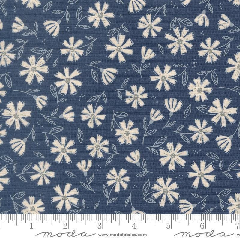 Image of Natures Sketchbook Flowers Twilight quilting cotton fabric by Elena Amo for Moda Fabrics. Features flowers on a blue background. Cute Little Fabric Shop.