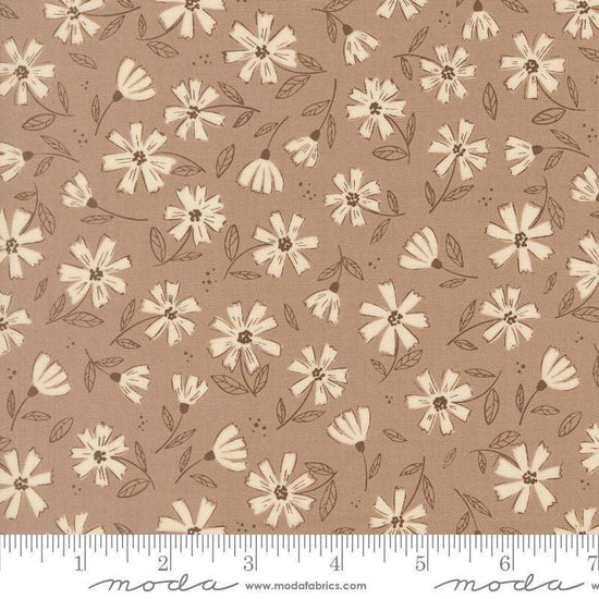 Image of Natures Sketchbook Flowers Pebble quilting cotton fabric by Elena Amo for Moda Fabrics. Features flowers on a brown background. Cute Little Fabric Shop.