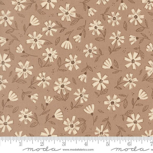 Image of Natures Sketchbook Flowers Pebble quilting cotton fabric by Elena Amo for Moda Fabrics. Features flowers on a brown background. Cute Little Fabric Shop.