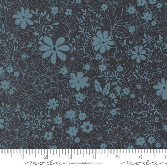 Image of Feather and Forest Bloom Pollen Sprinkles Midnight quilting cotton fabric by Linn Warme for Moda Fabrics. Features flowers on a blue background. Cute Little Fabric Shop.