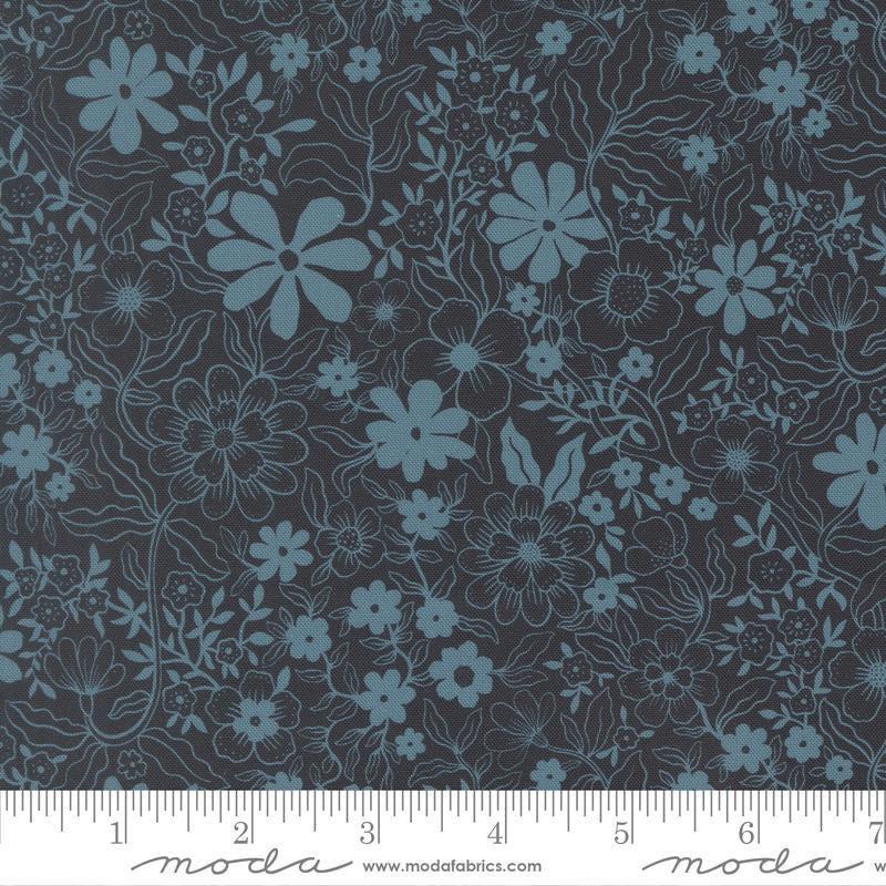 Image of Feather and Forest Bloom Pollen Sprinkles Midnight quilting cotton fabric by Linn Warme for Moda Fabrics. Features flowers on a blue background. Cute Little Fabric Shop.