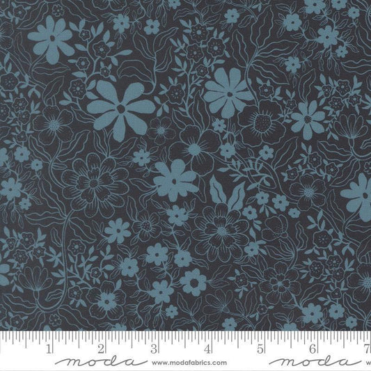 Image of Feather and Forest Bloom Pollen Sprinkles Midnight quilting cotton fabric by Linn Warme for Moda Fabrics. Features flowers on a blue background. Cute Little Fabric Shop.