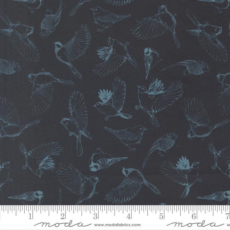 Image of Feather and Forest Bloom Flock of Feathers Midnight quilting cotton fabric by Linn Warme for Moda Fabrics. Features birds on a blue background. Cute Little Fabric Shop.