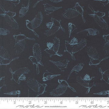 Image of Feather and Forest Bloom Flock of Feathers Midnight quilting cotton fabric by Linn Warme for Moda Fabrics. Features birds on a blue background. Cute Little Fabric Shop.