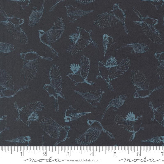 Image of Feather and Forest Bloom Flock of Feathers Midnight quilting cotton fabric by Linn Warme for Moda Fabrics. Features birds on a blue background. Cute Little Fabric Shop.