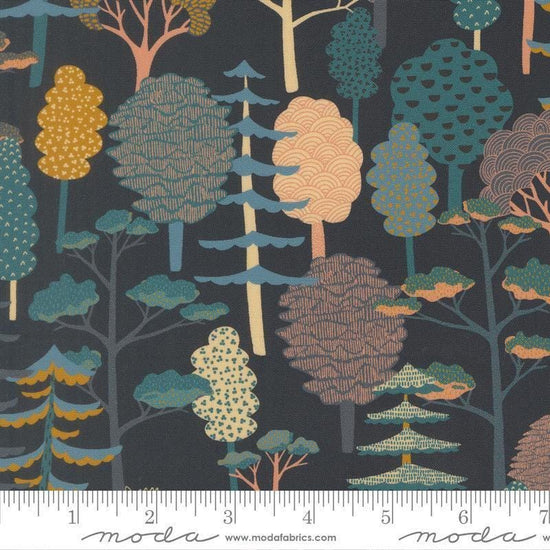 Image of Feather and Forest Bloom Forest Trees Midnight quilting cotton fabric by Linn Warme for Moda Fabrics. Features trees on a blue background. Cute Little Fabric Shop.