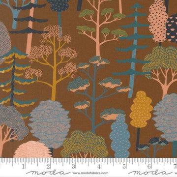 Image of Feather and Forest Bloom Forest Trees Walnut quilting cotton fabric by Linn Warme for Moda Fabrics. Features trees on a brown background. Cute Little Fabric Shop.