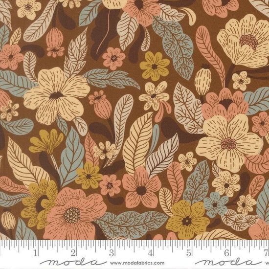 Image of Feather and Forest Bloom Wildflower Whispers Walnut quilting cotton fabric by Linn Warme for Moda Fabrics. Features flowers on a brown background. Cute Little Fabric Shop.