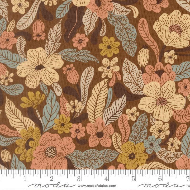 Image of Feather and Forest Bloom Wildflower Whispers Walnut quilting cotton fabric by Linn Warme for Moda Fabrics. Features flowers on a brown background. Cute Little Fabric Shop.