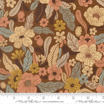 Image of Feather and Forest Bloom Wildflower Whispers Walnut quilting cotton fabric by Linn Warme for Moda Fabrics. Features flowers on a brown background. Cute Little Fabric Shop.