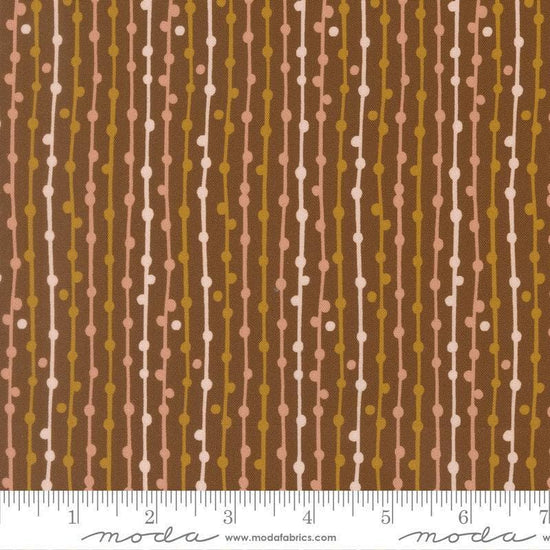 Image of Feather and Forest Bloom String of Pearls Walnut quilting cotton fabric by Linn Warme for Moda Fabrics. Features stripes on a brown background. Cute Little Fabric Shop.