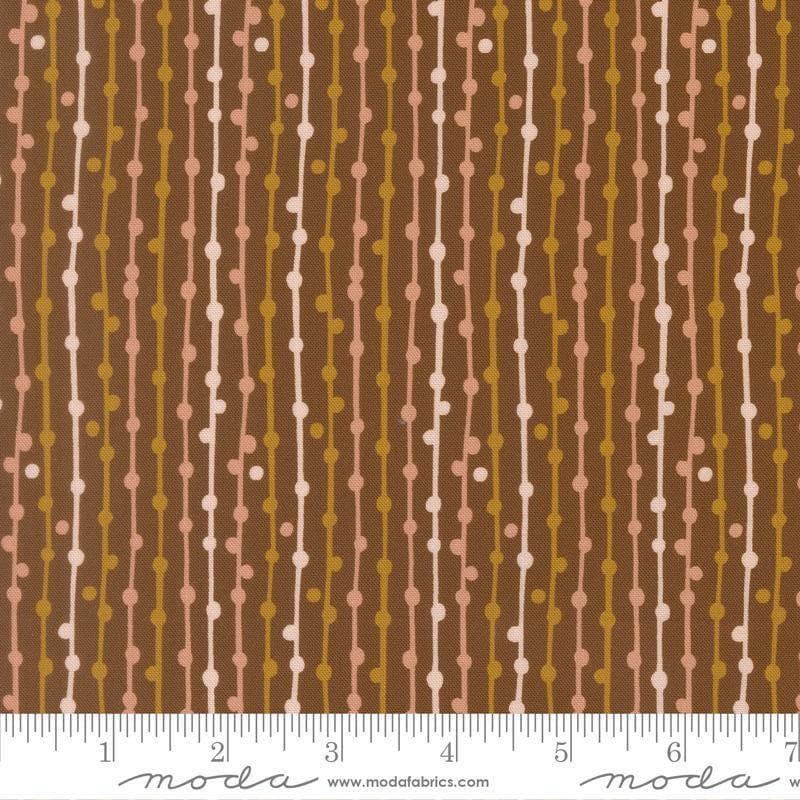 Image of Feather and Forest Bloom String of Pearls Walnut quilting cotton fabric by Linn Warme for Moda Fabrics. Features stripes on a brown background. Cute Little Fabric Shop.
