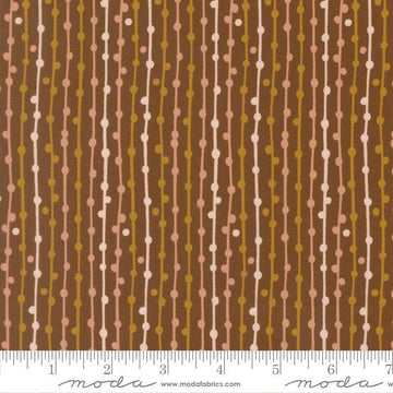 Image of Feather and Forest Bloom String of Pearls Walnut quilting cotton fabric by Linn Warme for Moda Fabrics. Features stripes on a brown background. Cute Little Fabric Shop.