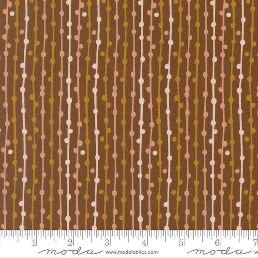 Image of Feather and Forest Bloom String of Pearls Walnut quilting cotton fabric by Linn Warme for Moda Fabrics. Features stripes on a brown background. Cute Little Fabric Shop.