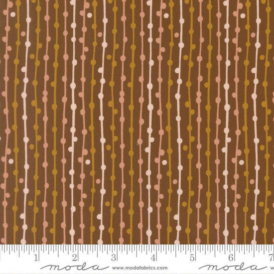 Image of Feather and Forest Bloom String of Pearls Walnut quilting cotton fabric by Linn Warme for Moda Fabrics. Features stripes on a brown background. Cute Little Fabric Shop.