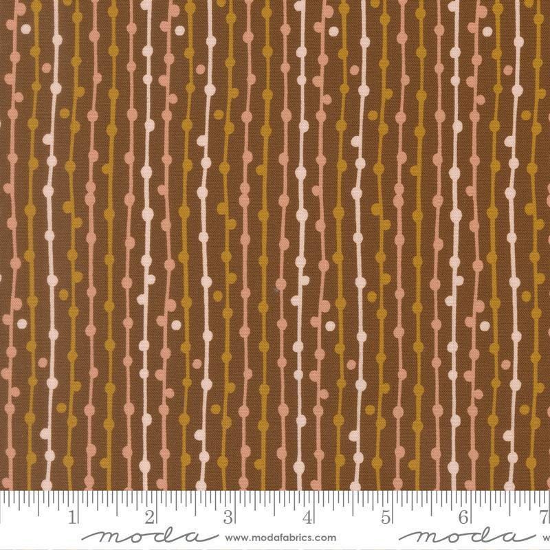 Image of Feather and Forest Bloom String of Pearls Walnut quilting cotton fabric by Linn Warme for Moda Fabrics. Features stripes on a brown background. Cute Little Fabric Shop.