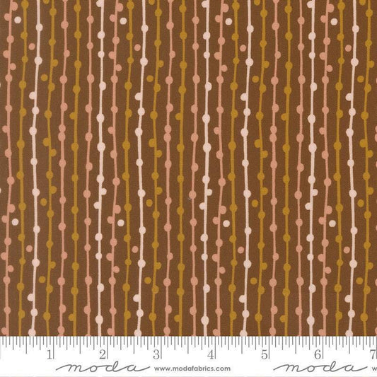 Image of Feather and Forest Bloom String of Pearls Walnut quilting cotton fabric by Linn Warme for Moda Fabrics. Features stripes on a brown background. Cute Little Fabric Shop.